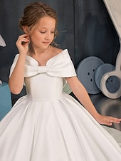 baratos שמלות לילדות פרחים-Ball Gown Sweep Brush Train Flower Girl Dress First Communion Girls Cute Prom Dress Satin with Bow(s) Elegant Fit 3-16 Years
