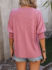 preiswerte Einfarbiges T-Shirt-Damen T Shirt Rüsche Einfarbig Vintage Stilvoll Klassisch Dreiviertelarm V Ausschnitt Normale Oberteile Täglich Schwarz Rosa Marineblau Fuchsie Grün Sommer Frühling