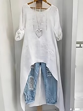 cheap Plain Blouses-Women's Blouse Faux Linen Shirt Asymmetric Hem Solid Color Stylish Casual Long Sleeve Crew Neck Long Tops Daily White Apricot Gray Summer Spring Fall