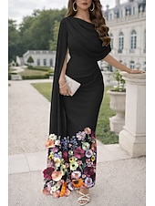 cheap Ball Gown Evening Dresses-Mermaid Trumpet Sheath Column Floor Length Ball Gown with Cape Evening Gown Elegant Floral Mother Of The Bride Short Sleeve Queen Anne Garden Party Wedding Chiffon with Embroidered Flower Embroidery