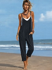 お買い得  バケーションジャンプスーツ-女性用 標準 ジャンプスーツ 活発的 純色 ノースリーブ Ｖネック ポケット 日常 ビーチ ルーズフィット ブラック ワイン パープル 夏
