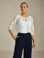 economico Giacche-Per donna Giacca Matrimonio Pizzo Floreale Casual / Quotidiano Elegante Capispalla Manica 3/4 Estate Bianco S