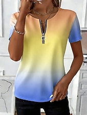 preiswerte Kunst &amp; Design T-Shirt-Damen T Shirt Reißverschluss Ombre Grafik Stilvoll Klassisch Lässig Kurzarm Rundhalsausschnitt Lange Oberteile Täglich Sport Wochenende Blau Gelb Rosa Purpur Grün Sommer Frühling