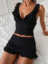 baratos Tankinis-Mulheres Roupa de Banho Tankini 2 partes Saia roupa de banho Frufru Compressão abdominal Cintura Alta Delgado Frente Única Férias Roupa de Praia Côr Sólida Decote V Sem Manga Fatos de banho