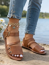 preiswerte Flache Sandalen-Leichte Damen-Sommersandalen – klassische braune flache Sandalen mit Knöchelriemen für Damen, perfekt für Strandbesuche und Alltagsoutfits.