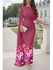 cheap Ball Gown Evening Dresses-Mermaid Trumpet Sheath Column Floor Length Ball Gown with Cape Evening Gown Elegant Floral Mother Of The Bride Short Sleeve Queen Anne Garden Party Wedding Chiffon with Embroidered Flower Embroidery