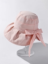 رخيصةأون اكسسوارات العطلة-قبعة شمسية نسائية من البوليستر بحافة عريضة مزينة بفيونكة، قابلة للطي لحماية من الأشعة فوق البنفسجية، متوفرة بألوان متعددة، لون أنيق مناسب لعطلة الربيع والارتداء اليومي غير الرسمي