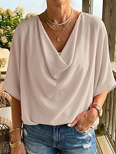 baratos Blusas e Camisas-blusa feminina elegante elegante cor sólida franzido manga morcego comprimento 3/4 manga regular tops gola alta trabalho diário preto branco amarelo rosa céu azul verão primavera outono