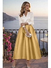 cheap Cocktail Dresses-Two Piece Tea Length Cocktail Dresses Party Dresses Elegant Color Block Long Sleeve V Neck Wedding Party Wear Satin with Pleats