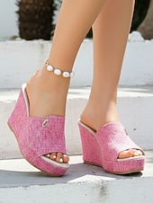 economico Sandali con zeppa-sandali con zeppa da donna in denim azzurro chiaro: eleganti sabot con plateau per resort all'aperto, vacanze estive e relax in hotel