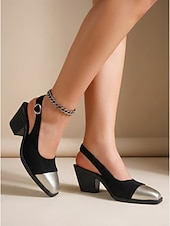 abordables zapatos de tacón con tira-Zapatos de tacón de bloque negros con tira trasera para mujer: zapatos de vestir profesionales de dos tonos con punta puntiaguda y puntera plateada para trabajo de oficina y reuniones. &amp;viaje diario