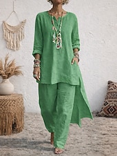 abordables Conjuntos-Mujer Camisa Conjunto con tacto de lino Conjuntos de lino y algodón Pantalones de pierna ancha Manga Larga Escote en Pico Plano Moda Ropa de calle Diario Casual Diario Azul Piscina Negro Blanco Verano