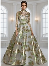 cheap A-Line Evening Dresses-A-Line Floor Length Evening Gown Ball Gown Formal Dress Elegant Floral 3/4 Length Sleeve High Neck Wedding Formal Pocket Jacquard with Pocket