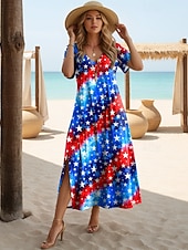  يوم الاستقلال الأمريكي نسائي فستان طويل فستان شيفت فستان خفيف فستان تيشيرت العطلة كاجوال مناسب للعطلات فضفاض صالح الرسم العلم الأمريكي كم قصير V رقبة أزرق أبيض أحمر أزرق داكن الصيف الربيع