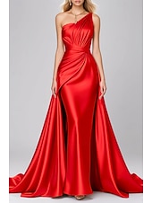 abordables Vestidos de gala-Corte Trompeta Sirena Hasta el Suelo Vestidos de noche Vestido de baile con sobrefalda Vestimenta formal Elegante Vestido negro Sin Mangas Un Hombro Boda Formal Vestido rosa Satén elástico con Plisado