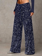 baratos perna larga e cintura alta-Mulheres Calças Calça casual Reto Moda Roupa de rua Básico Comprimento total Cintura Alta Tecido Paetês Bolsos Cintura elástica Confortável Micro-Elástica Diário Férias Festa Preto Azul Marinha Azul
