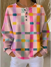 economico Felpe a Strisce e Geometriche-Per donna Felpe con cappuccio Bottoni Grafico Geometrico Blocco di colori Moda Casual Stampa Manica Lunga Girocollo Top Regolari Casuale Streetwear Rosa Marrone chiaro Viola chiaro Estate Primavera