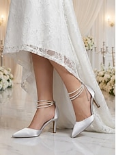 Недорогие Невеста-Женские серебристые атласные туфли на каблуке с острым носком и жемчужными ремешками на щиколотке, элегантные свадебные туфли для пляжной свадьбы.