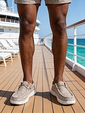voordelige Heren-Beige espadrille slip-ons voor heren, ademend bovenwerk van textiel, comfortabele jute zool, casual stijl voor eiland- en cruisevakanties, strand- en resortactiviteiten.