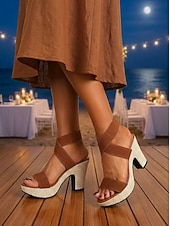 رخيصةأون ضيف حفل الزفاف-صنادل نسائية بيج اللون بكعب عريض ومنصة، أحذية رسمية مريحة بأشرطة متقاطعة مناسبة لحضور حفلات الزفاف على الشاطئ