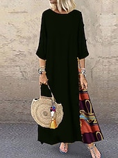 abordables Robes-Robe maxi en lin pour femme faux coton robe décontractée coupe ample graphique floral manches 3/4 col rond noir jaune rouge violet été printemps