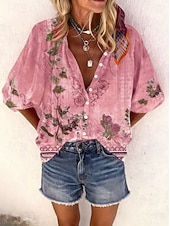 Недорогие Цветочные блузки-Жен. Рубашка С принтом Омбре Цветочный принт Графика Богемия Винтаж Повседневные Рукав 3/4 V-образный вырез Обычные топы Повседневные Праздники Одежда для пляжа