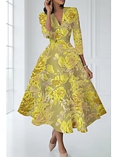 voordelige A-Lijn Avondjurken-A-lijn Tot de enkel Cocktailjurken Elegant Bloemig 3/4 mouw V-hals Bruiloft Formeel Jacquard met Bloemenprint Plooien