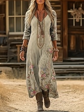  Damen Maxikleid Boho-Kleid Vintage-Kleid Freizeitkleid Vintage Täglich Outdoor Urlaub Lässiger Schnitt Blumen Langarm V Ausschnitt Blau Hellgrün Marineblau Dunkelgrün Frühling Herbst