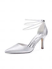 Недорогие Невеста-Женские серебристые атласные туфли на каблуке с острым носком и жемчужными ремешками на щиколотке, элегантные свадебные туфли для пляжной свадьбы.