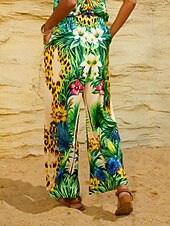 preiswerte weites Bein und hohe Taille-Tropical Temptation Seidensatin-Leopardenhose