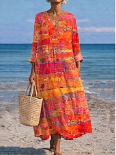 cheap Vacation Dresses-Women's Midi Dress V Neck Long Sleeve Kaftan Lightweight Loose Fit A Line Dress Casual Boho Going out Graphic Geometric Stripe Long Sleeve V Neck Orange red Black Yellow Pink