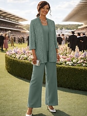 preiswerte Hosenanzüge für Mama-Dreiteilig Knöchellänge Brautmutterkleid Dreiviertelarm Rundausschnitt Party Glanz &amp; Glamour Hochzeitsgast Hochzeitsfeier Familientreffen Chiffon Spitze mit Paillette Einfarbig