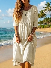 preiswerte Kleider-Damen Midikleid Kleider in Leinenoptik Shiftkleid Sommerkleid Strandkleid Urlaub Basic Ferien Wochenende Lässiger Schnitt Einfach Dreiviertelarm Rundhalsausschnitt Blau Schwarz Grün Aprikose Sommer