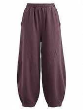 billiga Premium Linnekollektion-Dam Byxor av linne i bomull Kinesiska Sommarbyxor underbyxor Semester Streetwear Grundläggande Fullängd Medium Midja Slät Ficka Elastiskt midjeband Bekväm Komfort Microelastisk Dagligen Utomhus Gata