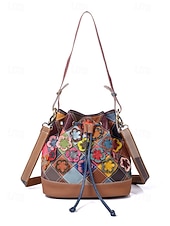 olcso Kézitáskák és bevásárlótáskák-női bohém bőr vödörtáska, többszínű virágmintával, sokoldalú viselet, állítható vállpántok, tökéletes a mindennapi használatra