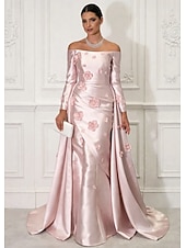 economico Abiti da ballo-Linea ad A Strascico a Terra Abito da Sera Abito da ballo con sopragonna Elegante Scintillante Floreale Manica Lunga Scollo a Barca Festa serale Matrimonio Vestito Rosa Raso con Fiore ricamato Spacco