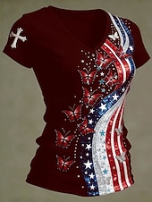  Ημέρα Αμερικανικής Ανεξαρτησίας Γυναικεία Μπλουζάκι Στάμπα Γραφική Σημαία Στυλάτο Κλασσικό Καθημερινό Κοντομάνικο Λαιμόκοψη V Κανονικά μπλουζάκια Καθημερινά Μαύρο Ρουμπίνι Πράσινο του τριφυλλιού