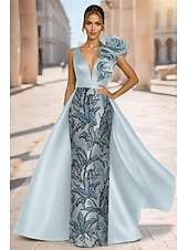  Linha A Tubinho Longo Vestidos de noite Vestido de baile com sobressaia Elegante Brilhante Floral Sem Manga Decote V Festa de Noite Casamento Cetim com Estampa floral Lantejoulas Fenda