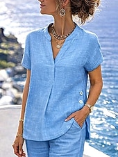 abordables Conjuntos-Mujer Conjunto con tacto de lino Conjuntos de pantalones Bolero Manga Corta Escote en Pico Color sólido Moda Ropa de calle Casual Diario Exterior Azul Piscina Blanco Azul Marino Oscuro Verano Ajuste