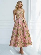 preiswerte Cocktailkleider-A-Linie Tee-Länge Abendkleid Cocktailkleider Elegant Ärmellos U-Boot-Ausschnitt Hochzeit Formell Jacquard mit Falten