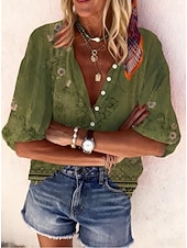 Недорогие Цветочные блузки-Жен. Рубашка С принтом Омбре Цветочный принт Графика Богемия Винтаж Повседневные Рукав 3/4 V-образный вырез Обычные топы Повседневные Праздники Одежда для пляжа