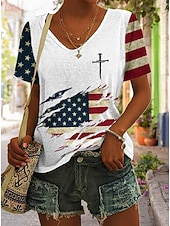 economico Magliette Giorno dell’Indipendenza-Giorno dell'Indipendenza Americana Per donna Maglietta Stampato Grafico Bandiera Bandiera Americana Vintage Elegante Classico Manica Corta Scollo a V Top Regolari Quotidiano Nero Bianco Estate