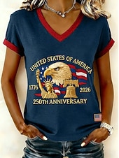  Självständighetsdag Amerikansk 250-årsjubileum Patriotiska Kvinnors T-shirt Tryck Grafisk Självständighetsdag Bohemia Vintage Stilren Klassisk Kort Ärmd V-hals Vanliga Toppar Daglig Svart Vit