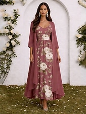 Χαμηλού Κόστους Λουλουδένιο Φόρεμα-Γυναικεία Σετ Φόρεμα Φόρεμα σε γραμμή Α Κομψό Διακοπές Φλοράλ Γραφική Πολυεπίπεδο Στάμπα Μακρύ φόρεμα 3/4 Μήκος Μανικιού Λαιμόκοψη V Επίσημο Ανθισμένο Ροζ Βυσσινί Πράσινο του τριφυλλιού