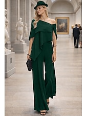 cheap Mom's Jumpsuits-Jumpsuits Floor Length Mother of the Bride Dress Short Sleeve Off Shoulder Elegant Formal Wedding Guest Wedding Party Chiffon with Ruffles