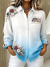 abordables Top jour de l’indépendance-Jour de l'Indépendance Américaine Femmes Chemise Boutons Imprimé Fleuri Graphique Drapeau Élégant ancien Moderne manche longue Col de chemise Hauts Longs Quotidien Travail Bleu Vin Marron Vert Gris