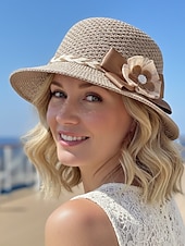 levne Dámské klobouky-Dámský skládací bohémský slaměný klobouk proti slunci – lehká prodyšná polyesterová plážová čepice s květinovou mašlí, více barev pro letní dovolenou, běžné nošení i cestování
