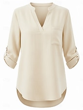 economico Camicie di Lusso-Per donna Camicie di cotone e lino Top estivi Blusa Top Eleganti Arricciato Patchwork Tasca Tinta unica Semplice Elegante Vintage Signore Manica 3/4 Colletto a Camicia Top Regolari Quotidiano Lavoro