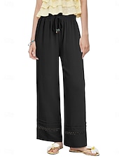 cheap Wide Leg &amp; High Waisted-Women's Wide Leg Trousers Casual Pants Vacation Fashion Streetwear Full Length High Waist Plain Lace Elastic Waist Comfortable Breathable Inelastic Daily Vacation Street Black Almond Military Green