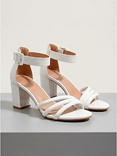 preiswerte Absatzsandalen-Weiße Damen-Sandalen mit Blockabsatz – elegante, mehrreihige Sandalen mit offenem Zehenbereich und verstellbarem Knöchelriemen, ideal für Abendessen im Urlaub und Partys im Resort. &amp;Sommerabende